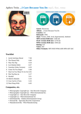 Aphex Twin ...I Care Because You Do Mp3, Flac, Wma