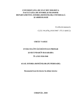 Universitatea De Stat Din Moldova Facultatea De Istorie Și Filosofie Departamentul Istoria Românilor, Universală Și Arheologie