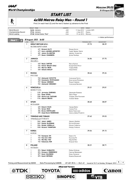 START LIST 4X100 Metres Relay Men - Round 1 First 2 in Each Heat (Q) and the Next 2 Fastest (Q) Advance to the Final