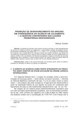 Proibição De Desfavorecimento Do Arguido Em Consequência Do Silêncio Em Julgamento — a Questão Controversa Das Ilações Probatórias Desfavoráveis