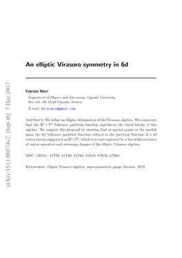 An Elliptic Virasoro Symmetry in 6D Arxiv:1511.00574V2 [Hep-Th] 7 Dec 2017