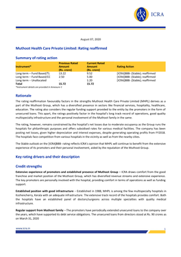 Muthoot Health Care Private Limited: Rating Reaffirmed Summary Of