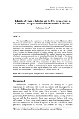 Education System of Pakistan and the UK: Comparisons in Context to Inter-Provincial and Inter-Countries Reflections