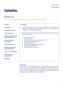 Heads up Financial Reporting Issues to Consider on IPO