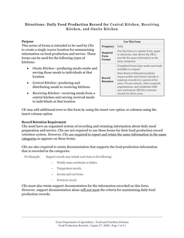 Daily Food Production Record for Central Kitchen, Receiving Kitchen, and Onsite Kitchen