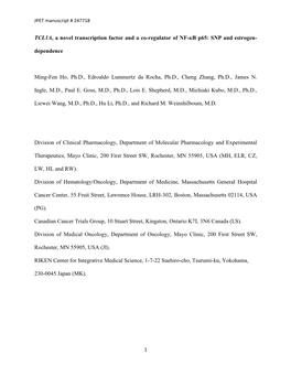 TCL1A, a Novel Transcription Factor and a Co-Regulator of NF-Кb P65: SNP and Estrogen- Dependence