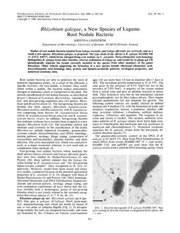 Rhizobium Galegae, a New Species of Legume Root Nodule Bacteria KRISTINA LINDSTROM Department of Microbiology, University Qf Helsinki, SF-00710 Helsinki, Finland