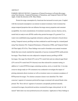 PARKER, MEGAN NICOLE. Comparison of Natural Sweeteners in Protein Beverages Using Time-Intensity, Temporal Dominance of Sensations, and Temporal Check-All-That- Apply