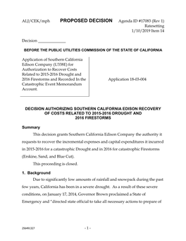 ALJ/CEK/Mph PROPOSED DECISION Agenda ID #17083 (Rev 1) Ratesetting 1/10/2019 Item 14