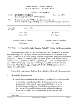 Kinglite Holdings Inc. V. Micro-Star International Co. Ltd. Consolidated with Kinglite Holdings Inc -V- Giga-Byte Technology Co