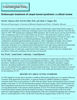 Endoscopic Treatment of Carpal Tunnel Syndrome: a Critical Review