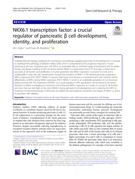 NKX6.1 Transcription Factor: a Crucial Regulator of Pancreatic Β Cell Development, Identity, and Proliferation Idil I