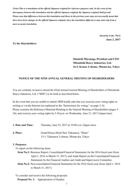 Notice of the 92Nd Annual General Meeting of Shareholders