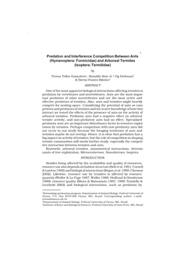 Predation and Interference Competition Between Ants (Hymenoptera: Formicidae) and Arboreal Termites (Isoptera: Termitidae)