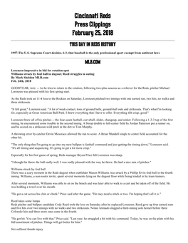 Cincinnati Reds Press Clippings February 25, 2018