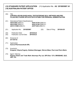 Application No. AU 2019203067 A1 AUSTRALIAN PATENT OFFICE