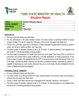 YOBE STATE MINISTRY of HEALTH Situation Report