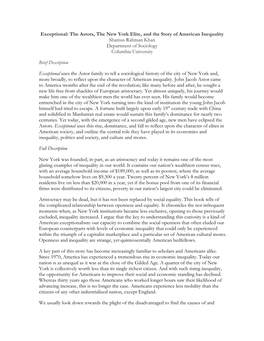 The Astors, the New York Elite, and the Story of American Inequality Shamus Rahman Khan Department of Sociology Columbia University