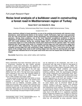 Noise Level Analysis of a Bulldozer Used in Constructing a Forest Road in Mediterranean Region of Turkey