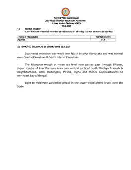 Southwest Monsoon Was Weak Over North Interior Karnataka and Was Normal Over Coastal Karnataka & South Interior Karnataka