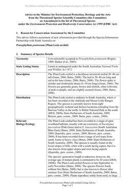 Listing Advice on Prasophyllum Pruinosum (Plum Leek-Orchid)