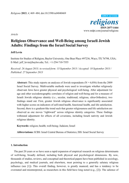 Religious Observance and Well-Being Among Israeli Jewish Adults: Findings from the Israel Social Survey