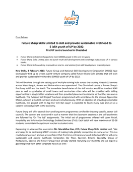 Future Sharp Skills Limited to Skill and Provide Sustainable Livelihood to 5 Lakh Youth of up by 2022 First up Centre Launched in Ghaziabad