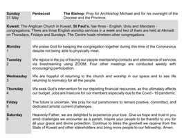 Sunday 31 May Pentecost the Bishop: Pray for Archbishop Michael And