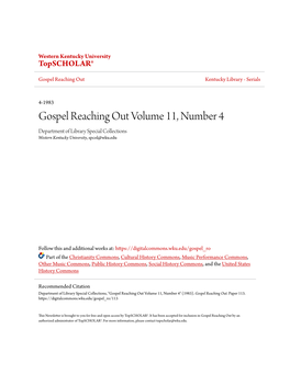 Gospel Reaching out Volume 11, Number 4 Department of Library Special Collections Western Kentucky University, Spcol@Wku.Edu