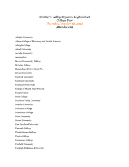 Northern Valley Regional High School College Fair Thursday, October 18, 2018 Attendee List