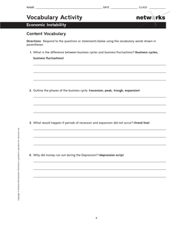 Vocabulary Activity Economic Instability NAME What Would Happenifperiods Ofrecession Andexpansiondid Notoccur? Outline Thephasesofbusinesscycle