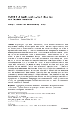 Methyl 2,4,6-Decatrienoates Attract Stink Bugs and Tachinid Parasitoids