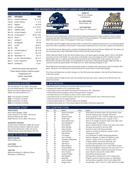 2017 Monmouth University Hawks Men's Lacrosse Schedule/Results How to Follow Coaching Staff Program History Key Contributors A