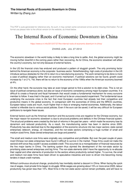The Internal Roots of Economic Downturn in China Written by Zhang Jun