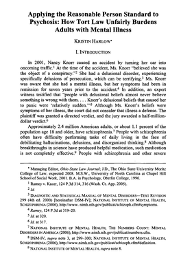 Applying the Reasonable Person Standard to Psychosis: How Tort Law Unfairly Burdens Adults with Mental Illness