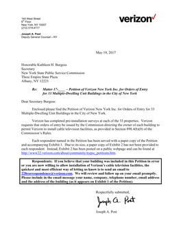 Petition of Verizon New York Inc. for Orders of Entry for 33 Multiple-Dwelling Unit Buildings in the City of New York