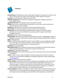 Definitions 6 Definitions Acclimatization: Acclimatization Refers to Phenotypic Changes by an Organism to Stresses in the Natur