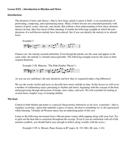 Lesson XXX – Introduction to Rhythm and Meter Introduction: The