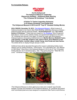 Ho-Ho-Hollywood! the Hollywood Museum Celebrates Glamorous Holidays – Hollywood Style Starring “The 12 Dames of Christmas” Tree Exhibit