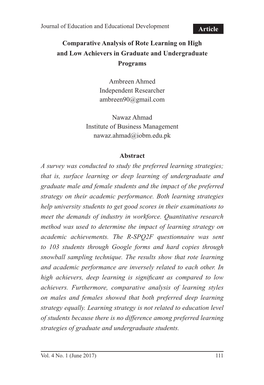 Comparative Analysis of Rote Learning on High and Low Achievers in Graduate and Undergraduate Programs