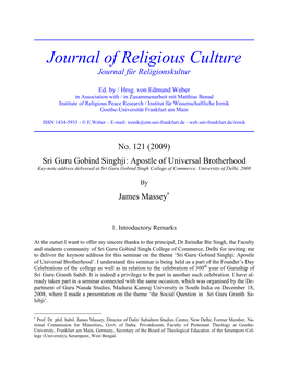 Journal of Religious Culture Journal Für Religionskultur