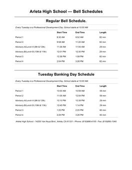 Arleta High School — Bell Schedules