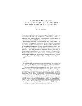 Learned and Wise: Cotta the Sceptic in Cicero's on the Nature of the Gods