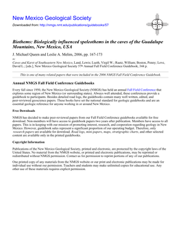 Biothems: Biologically Influenced Speleothems in the Caves of the Guadalupe Mountains, New Mexico, USA J