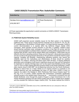 CAISO 2020/21 Transmission Plan: Stakeholder Comments