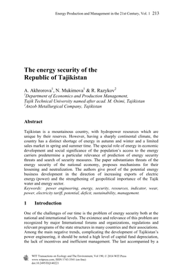 The Energy Security of the Republic of Tajikistan