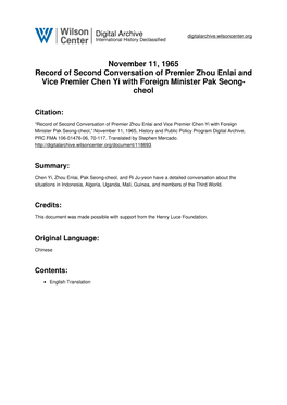 November 11, 1965 Record of Second Conversation of Premier Zhou Enlai and Vice Premier Chen Yi with Foreign Minister Pak Seong- Cheol