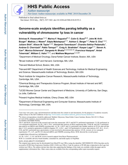 Genome-Scale Analysis Identifies Paralog Lethality As a Vulnerability of Chromosome 1P Loss in Cancer