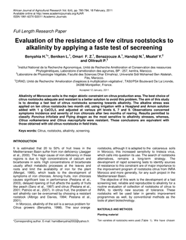Evaluation of the Resistance of Few Citrus Rootstocks to Alkalinity by Applying a Faste Test of Secreening
