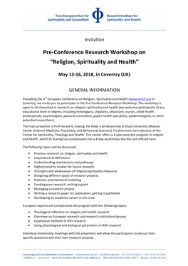 Pre-Conference Research Workshop on “Religion, Spirituality and Health”